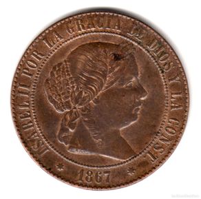 Münzen von Spanien: ESPAÑA 5 centimos de escudo 1867 Sevilla - Reina Isabel II